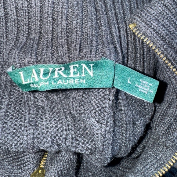 Lauren Ralph Lauren Womens Large Gray Cable Knit Zip Up Sweater Mock Neck Preppy - Picture 5 of 7